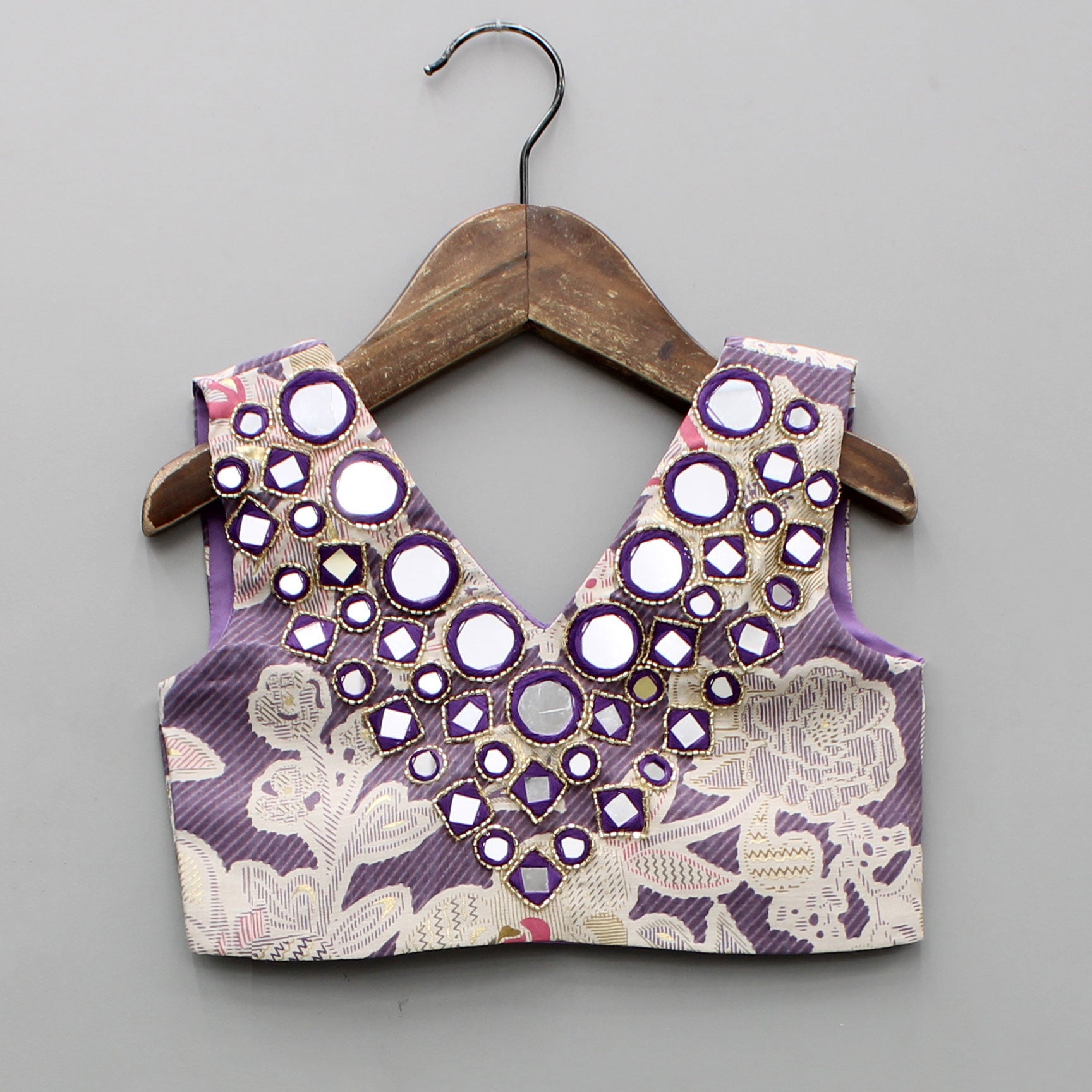 Pre Order: Mirror Embellished Floral Printed Top With Flared Palazzo
