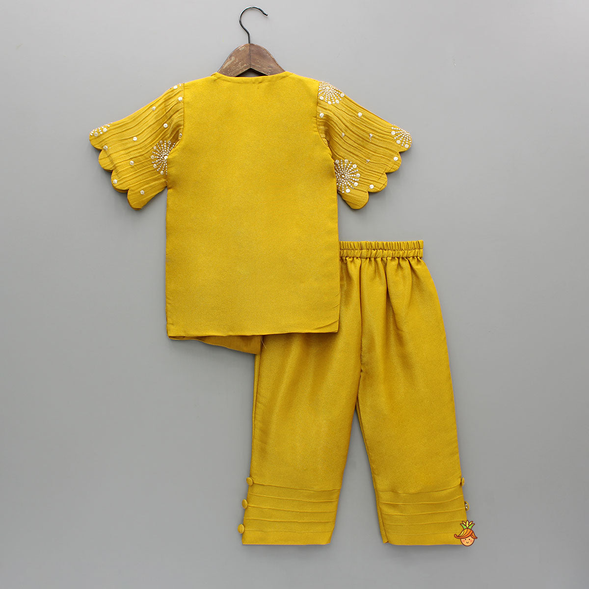 Pre Order: Overlap-Style Shiny Mustard Kurti With Pant