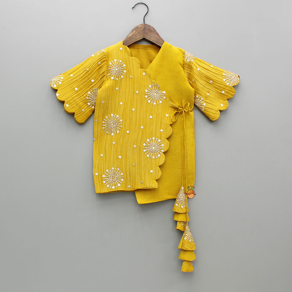 Pre Order: Overlap-Style Shiny Mustard Kurti With Pant