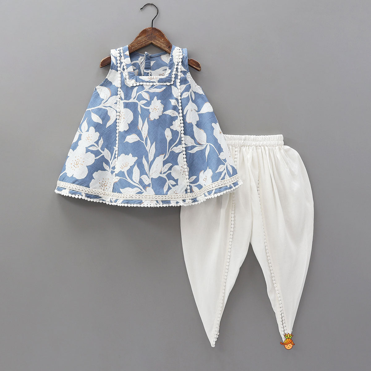 Pre Order: Floral Print Blue Kurta With Dhoti