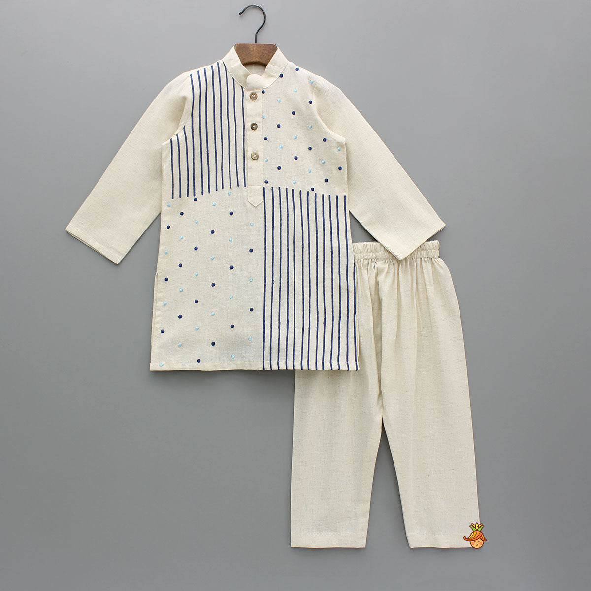 Pre Order: Multi Pattern Embroidered Off White Kurta With Pyjama
