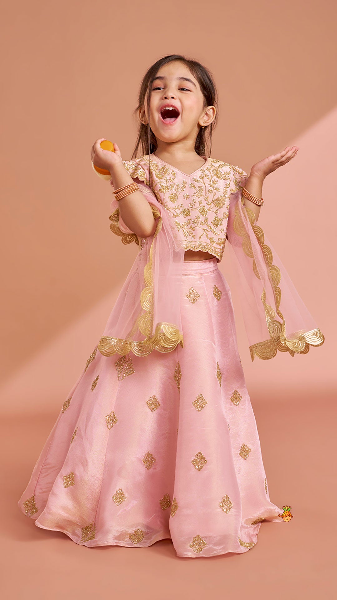 Pre Order: Pink Shimmery Sequin Embroidered Top With Flared Lehenga And Matching Dupatta