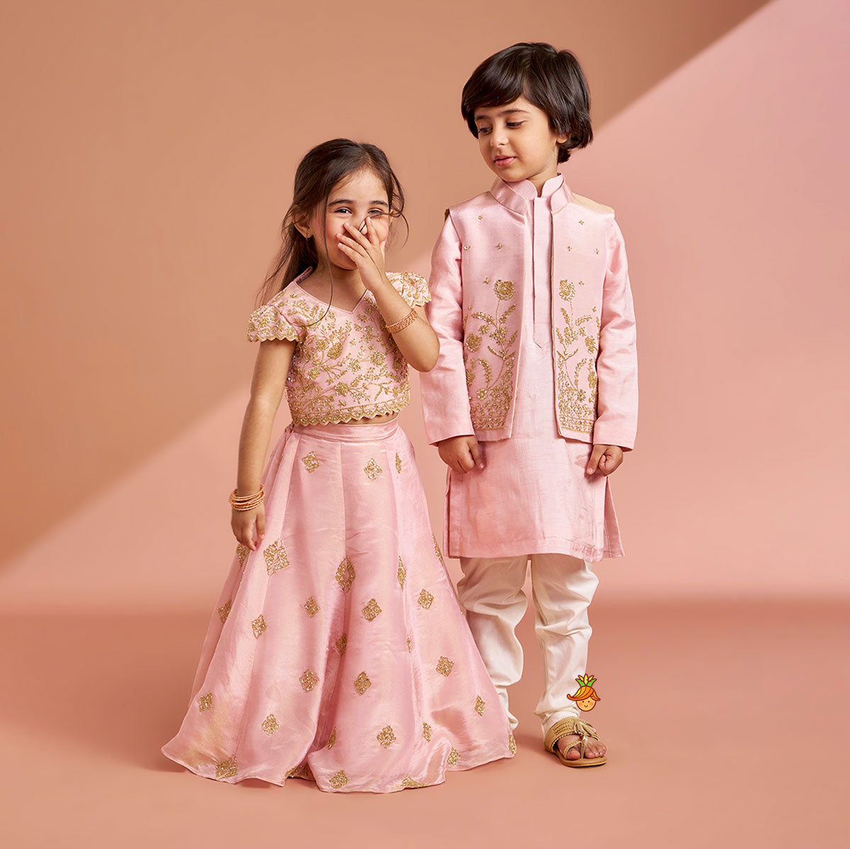 Pink Shimmery Sequin Embroidered Top With Flared Lehenga And Matching Dupatta twinning model image 2