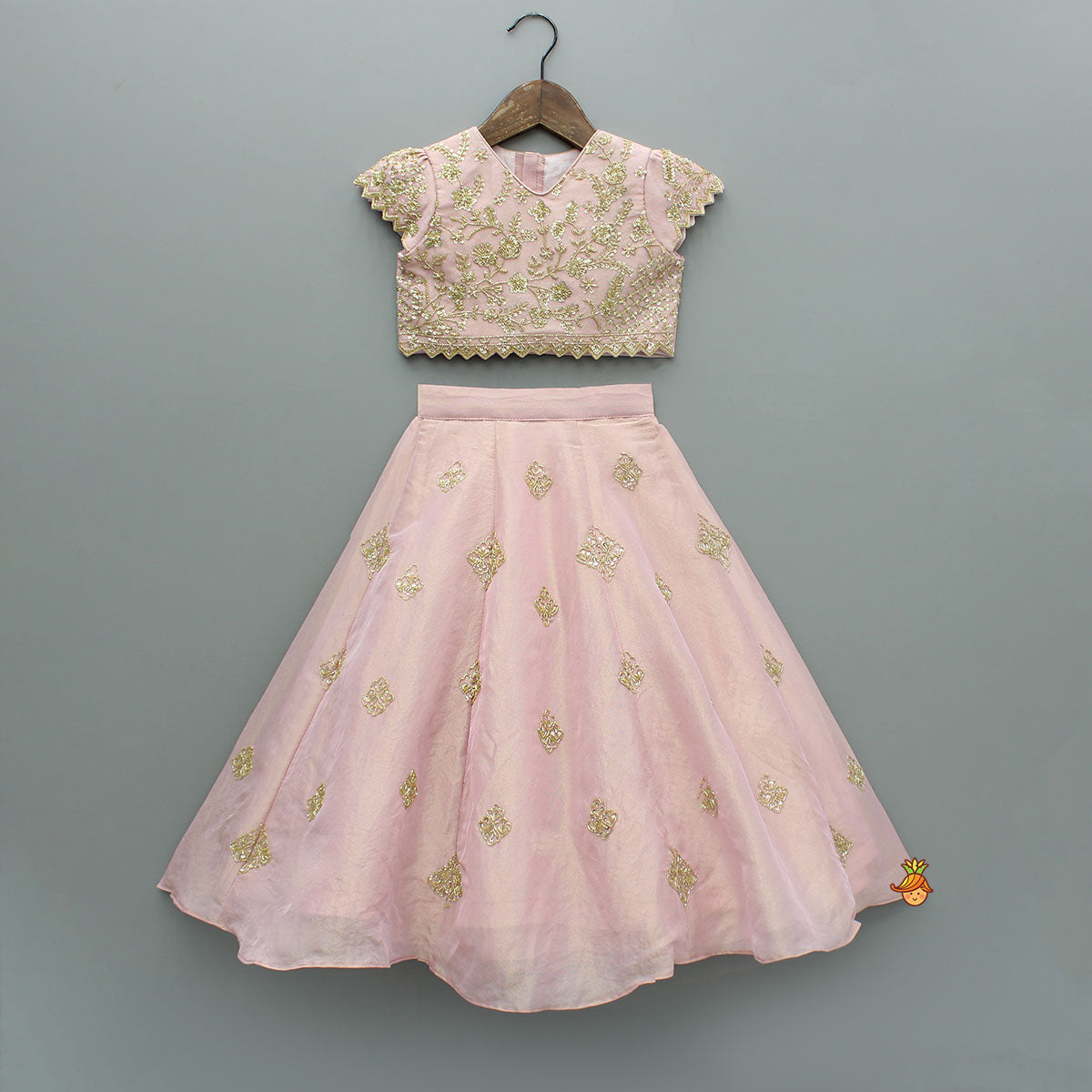 Pre Order: Pink Shimmery Sequin Embroidered Top With Flared Lehenga And Matching Dupatta