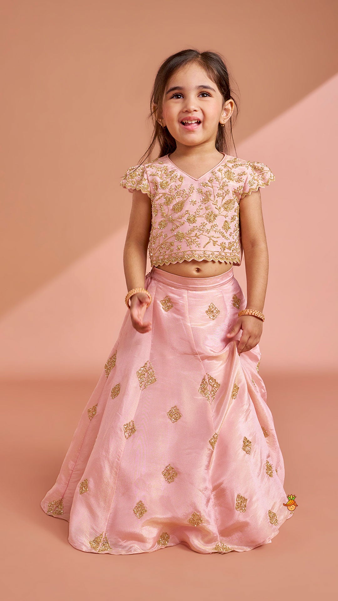 Pre Order: Pink Shimmery Sequin Embroidered Top With Flared Lehenga And Matching Dupatta