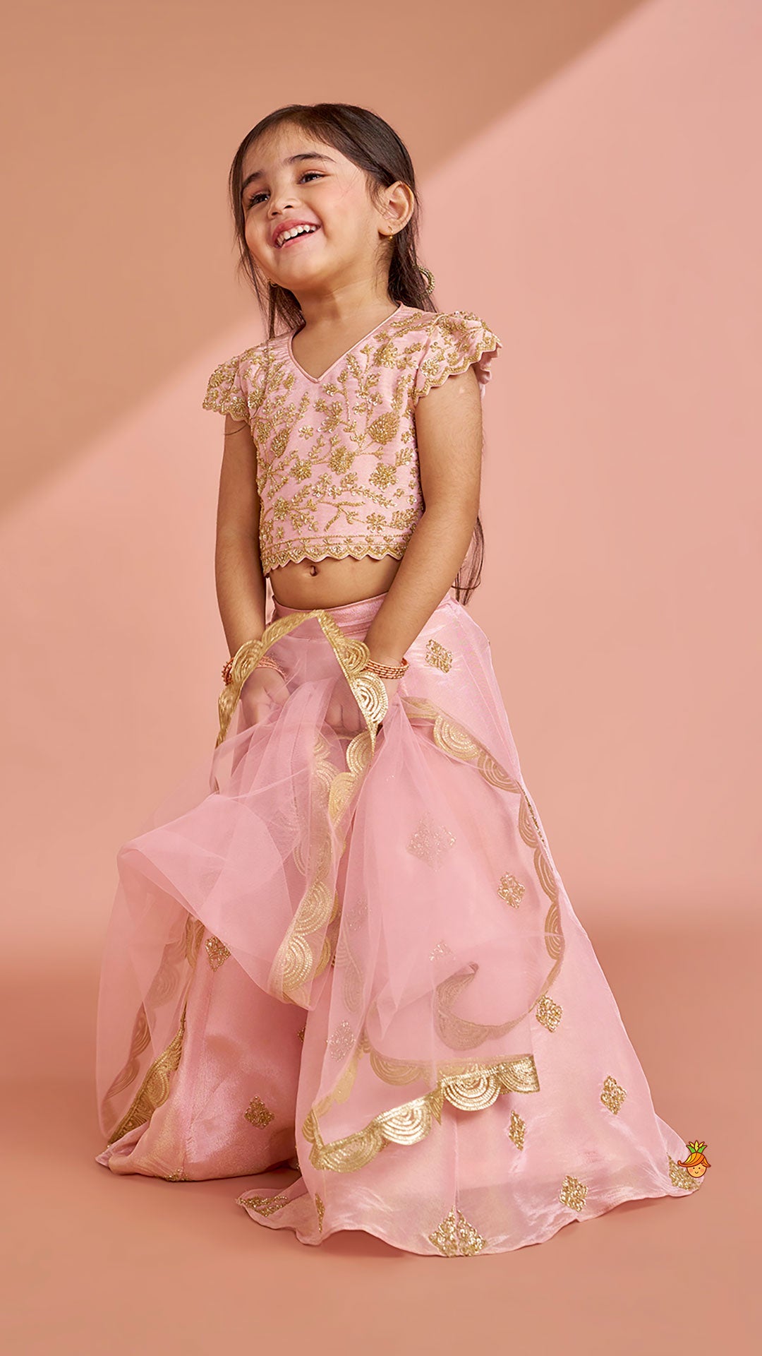Pre Order: Pink Shimmery Sequin Embroidered Top With Flared Lehenga And Matching Dupatta