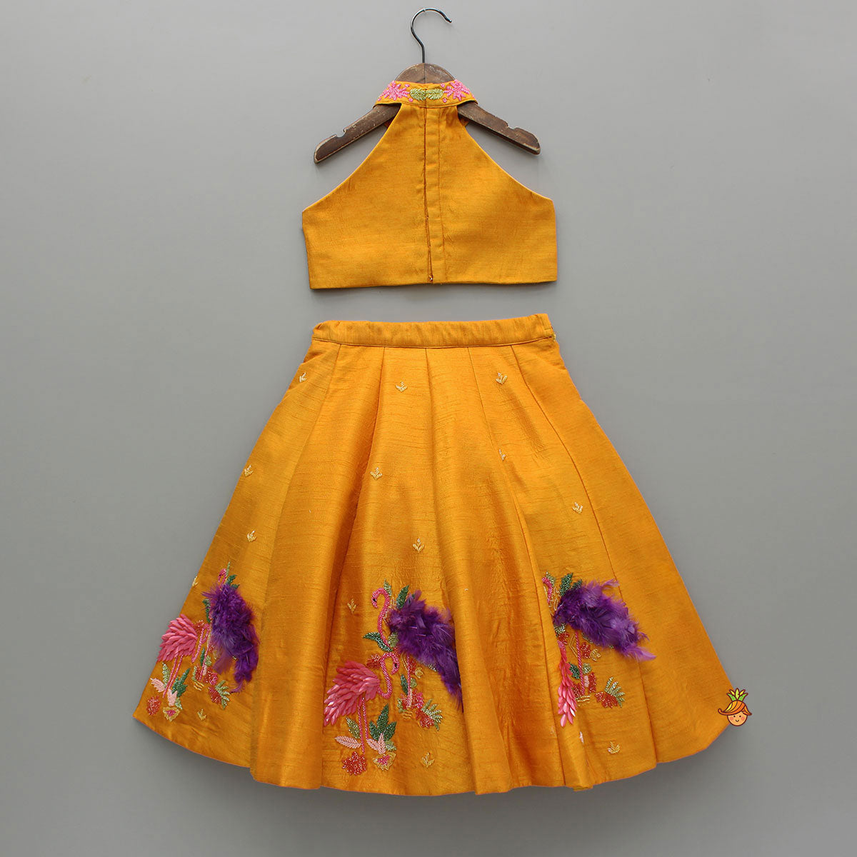 Floral Embroidered Halter Neck Top With Flared Lehenga And Bow Hair Clip With Potli Bag