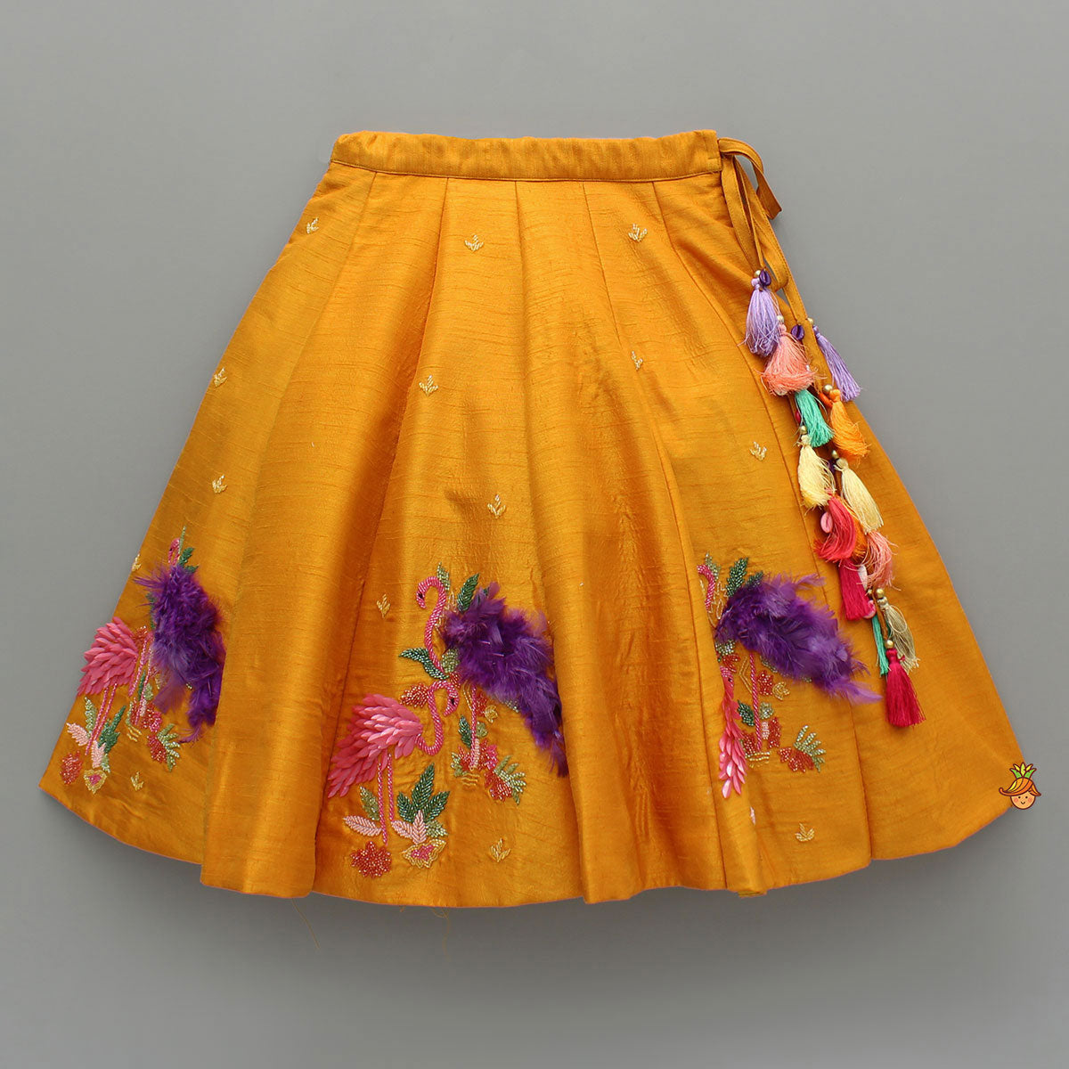 Floral Embroidered Halter Neck Top With Flared Lehenga And Bow Hair Clip With Potli Bag