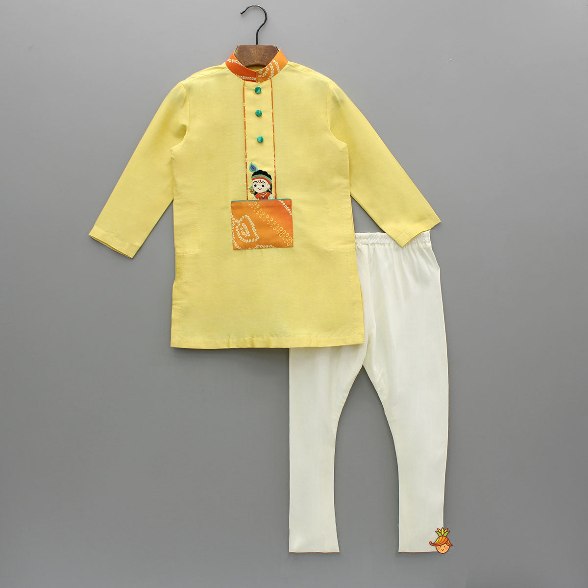 Pre Order: Kurta With Hand Embroidered Krishna Motif And Churidar