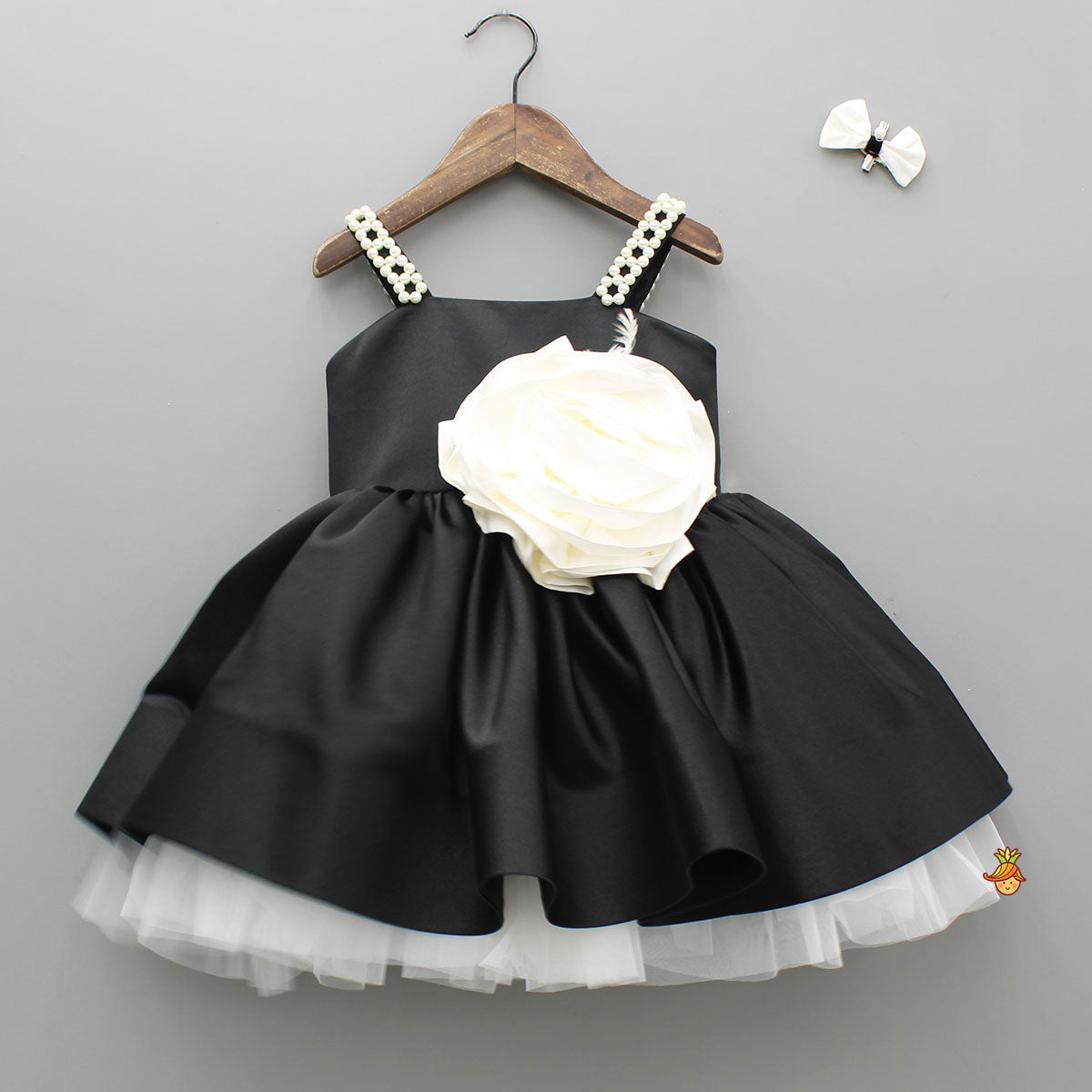 Pre Order: Flower Enhanced Black Strappy Flared Dress With Matching Hair Clip