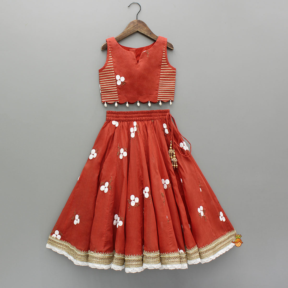 Pre Order: Red Floral Embroidered Sleeveless Top With Matching Lehenga