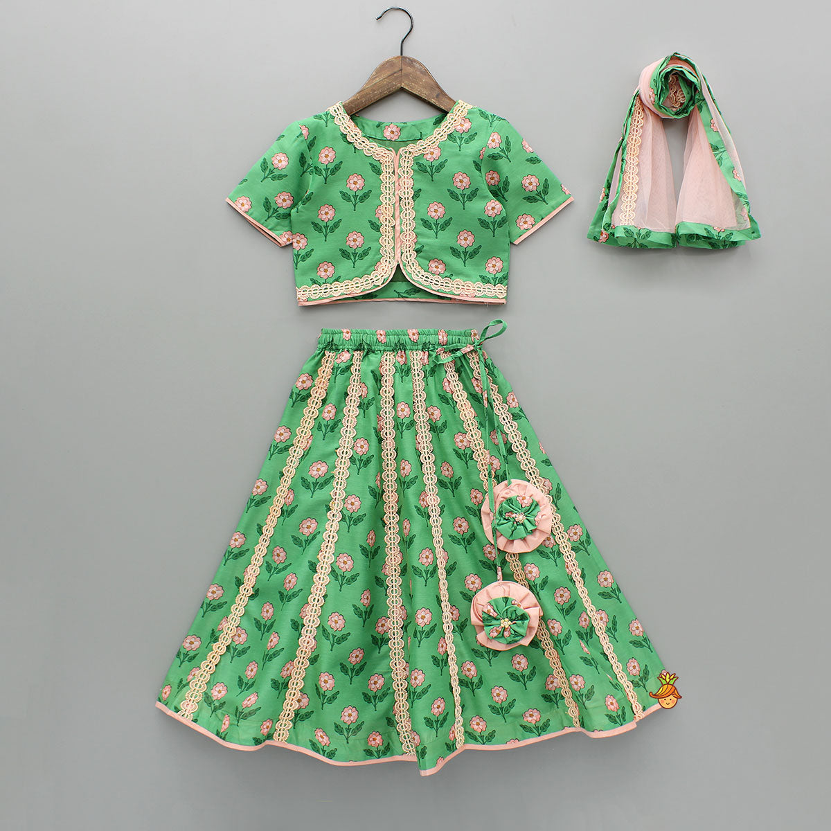 Pre Order: Lace Green Floral Top With Ghagra And Dupatta