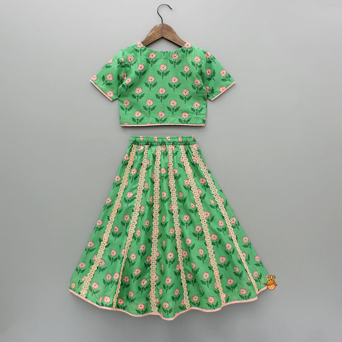 Pre Order: Lace Green Floral Top With Ghagra And Dupatta