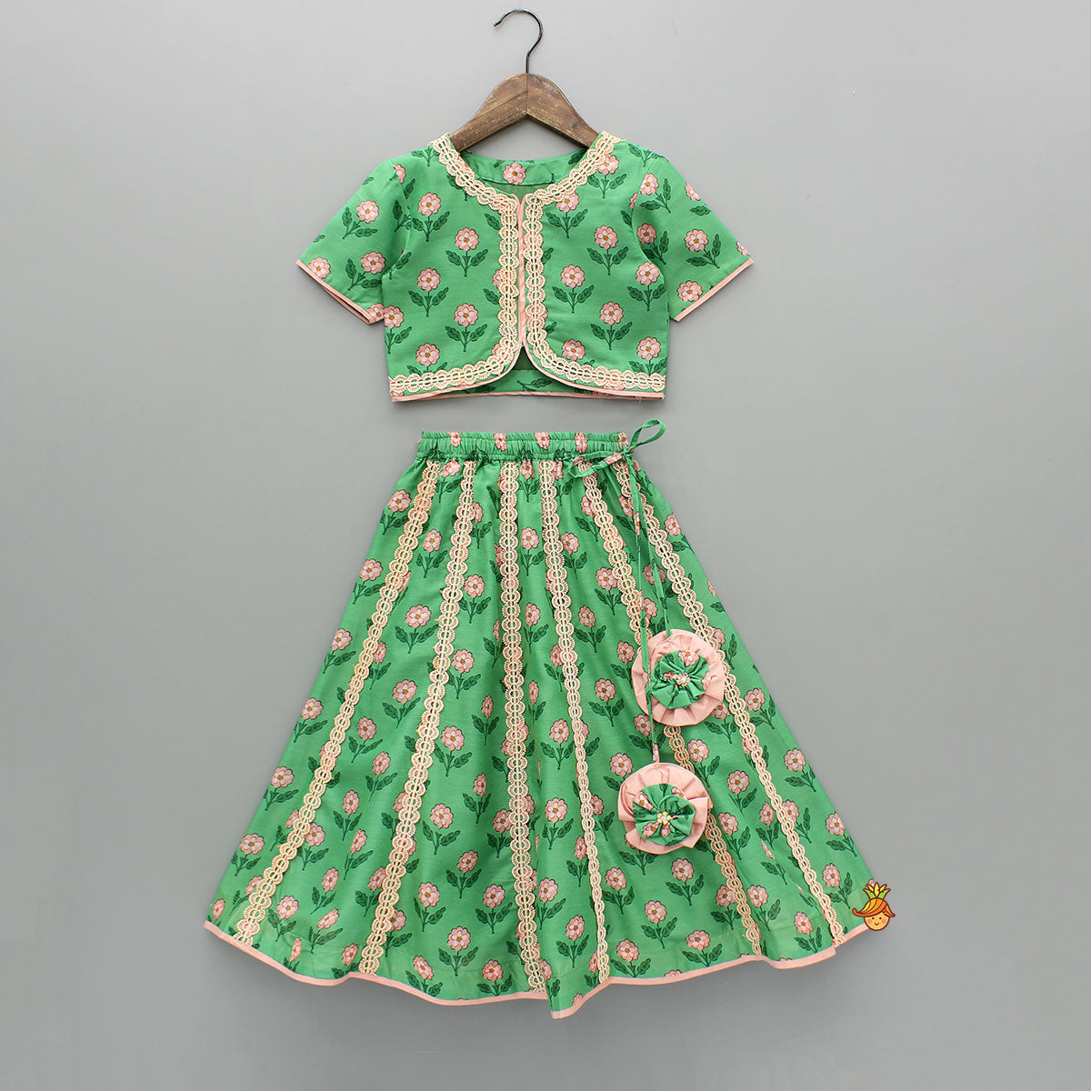 Pre Order: Lace Green Floral Top With Ghagra And Dupatta