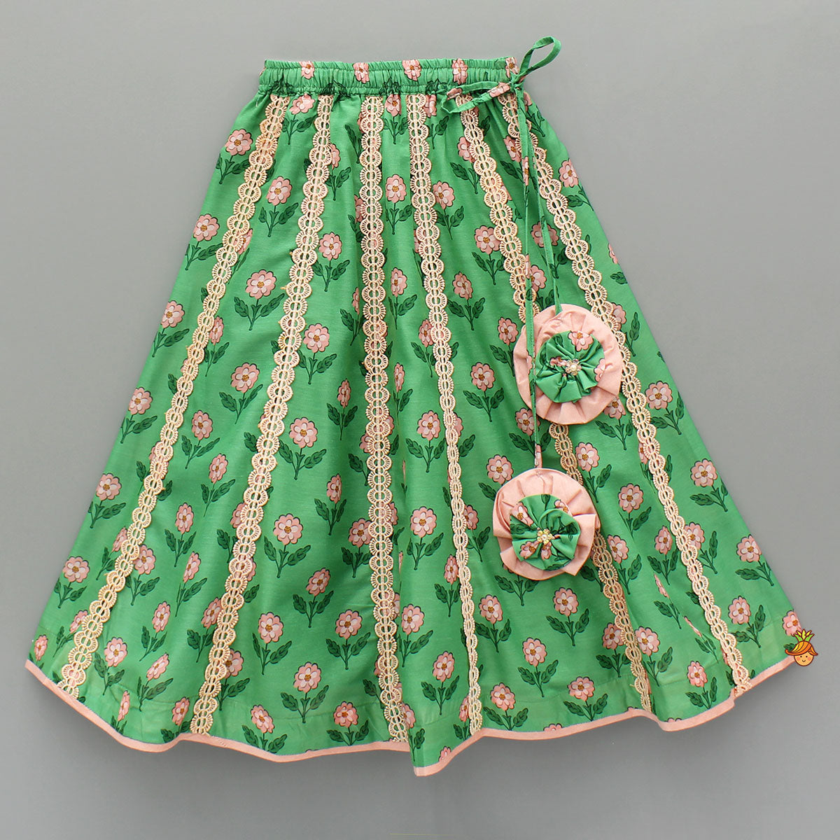 Pre Order: Lace Green Floral Top With Ghagra And Dupatta