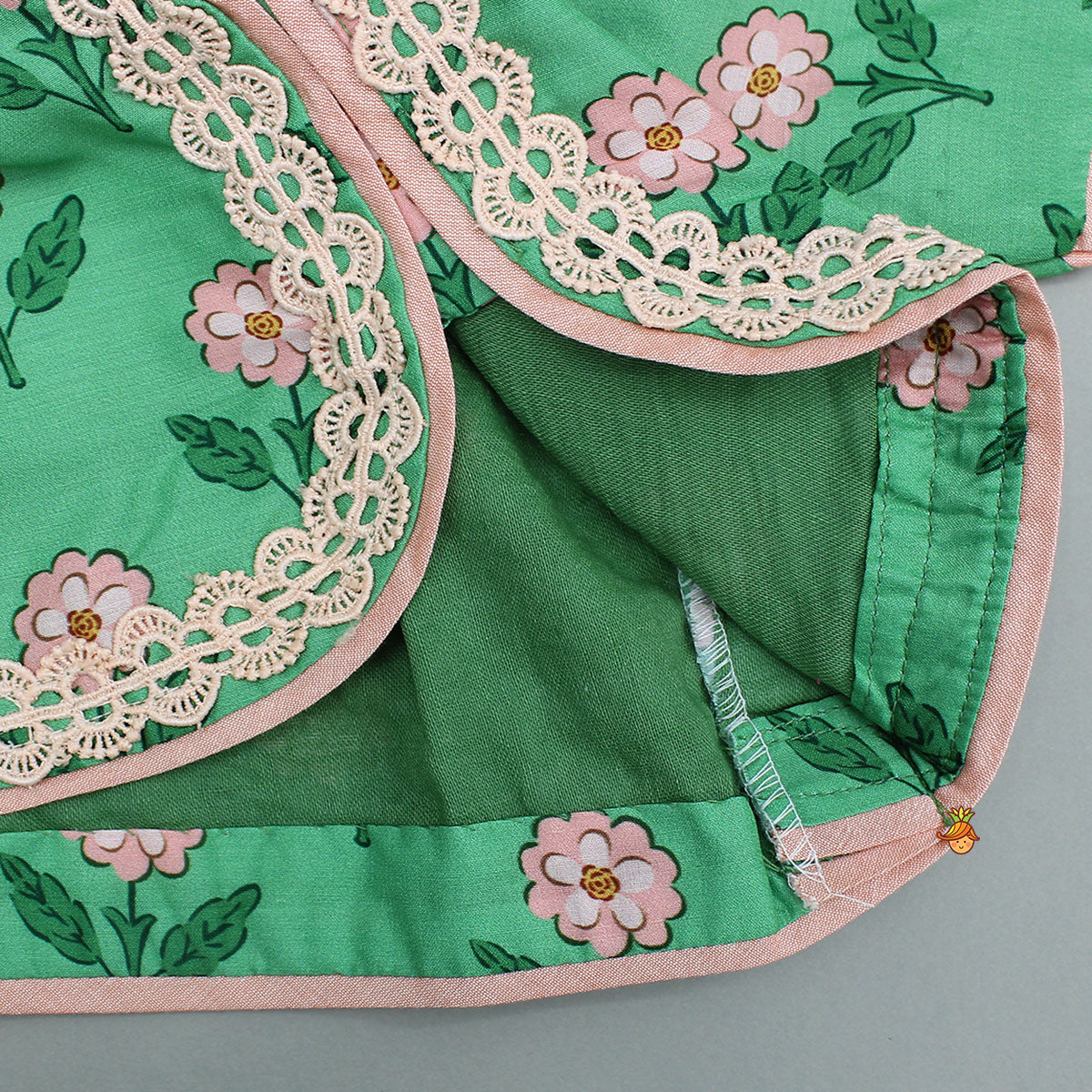 Pre Order: Lace Green Floral Top With Ghagra And Dupatta