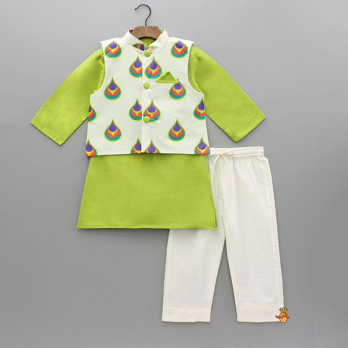 Pre Order: Green Kurta With Morpankh Printed Ivory Jacket And Pyjama