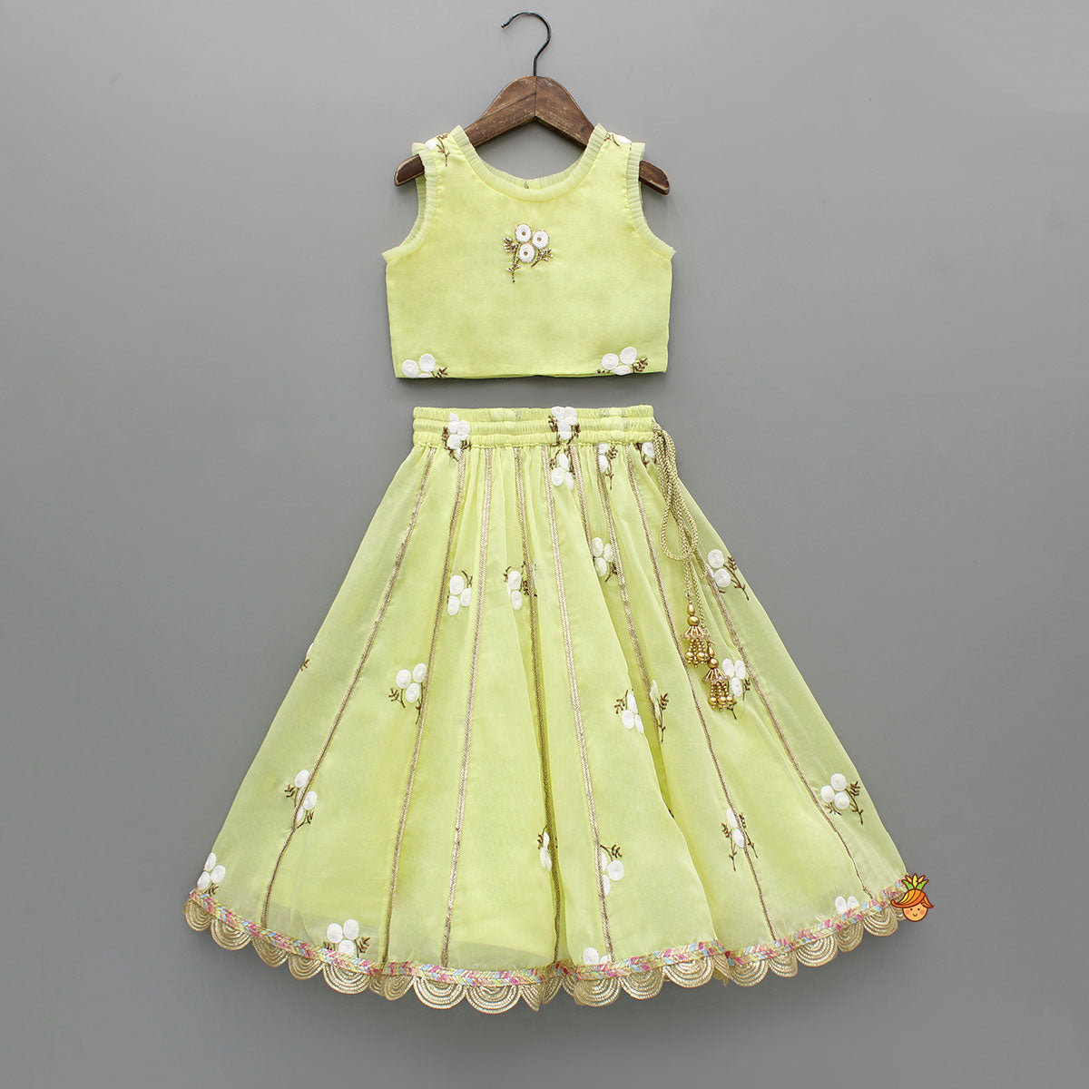 Pre Order: Yellow Ruffle Detailed Floral Top With Floral Embroidered Lehenga And Dupatta