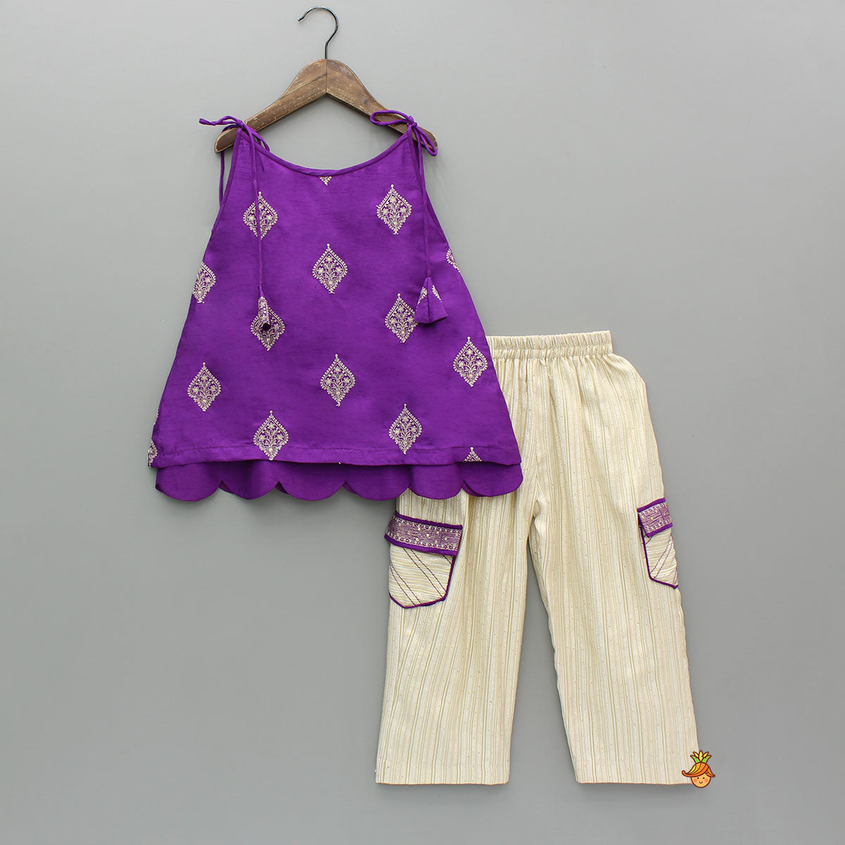 Pre Order: Purple Embroidered Scallop Hem Top With Sequin Striped Pants