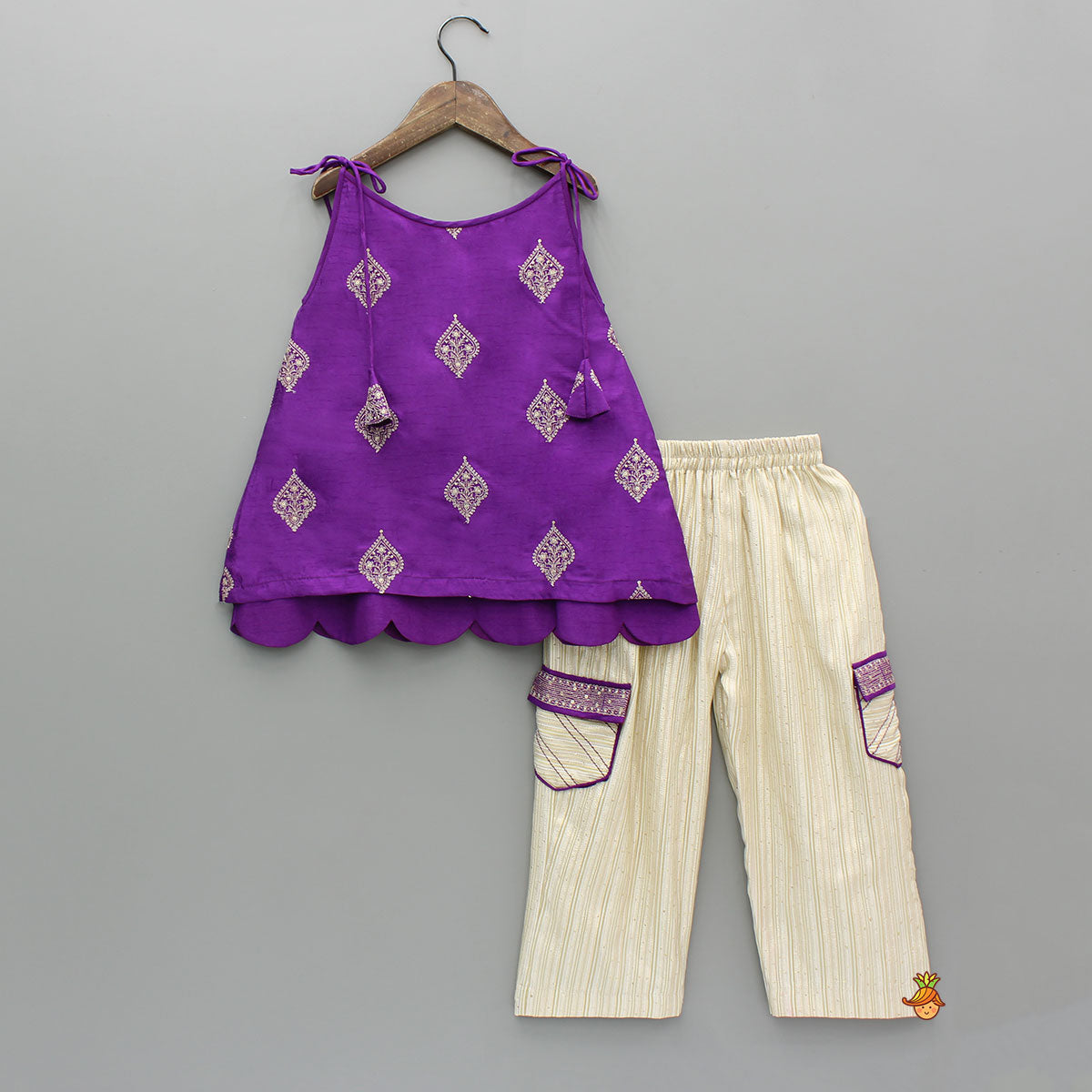 Pre Order: Purple Embroidered Scallop Hem Top With Sequin Striped Pants