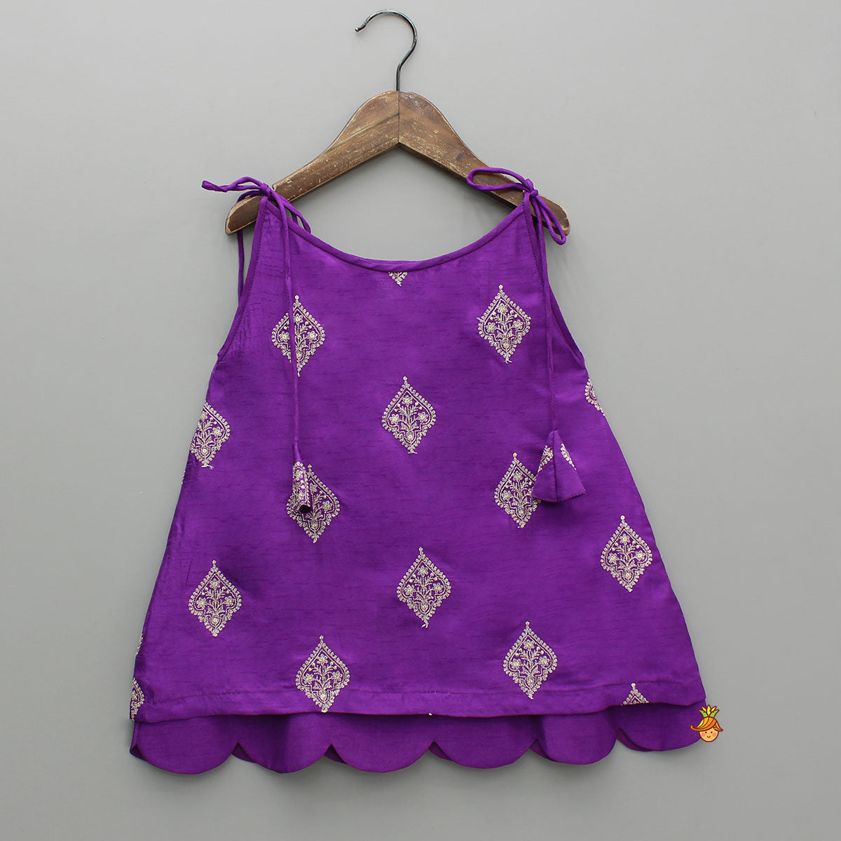 Pre Order: Purple Embroidered Scallop Hem Top With Sequin Striped Pants