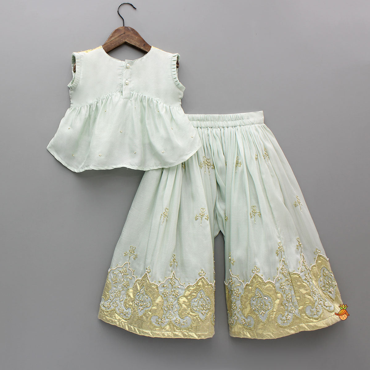 Pre Order: Blue Gota Detailed Peplum Top With Flared Palazzo And Dupatta