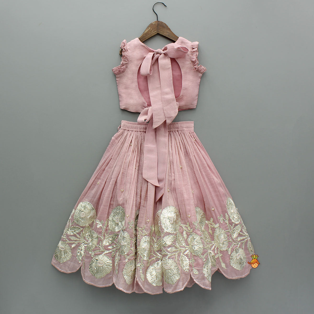 Pre Order: Shimmery Pink Hand Embroidered Gota Laced Top With Flared Shimmery Lehenga