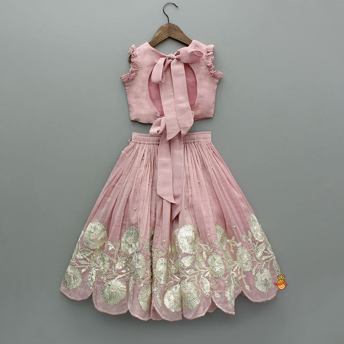 Pre Order: Shimmery Pink Hand Embroidered Gota Laced Top With Flared Shimmery Lehenga