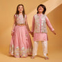 Shimmery Pink Hand Embroidered Gota Laced Top With Flared Shimmery Lehenga twinning model image 2