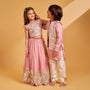 Shimmery Pink Hand Embroidered Gota Laced Top With Flared Shimmery Lehenga twinning model image 3