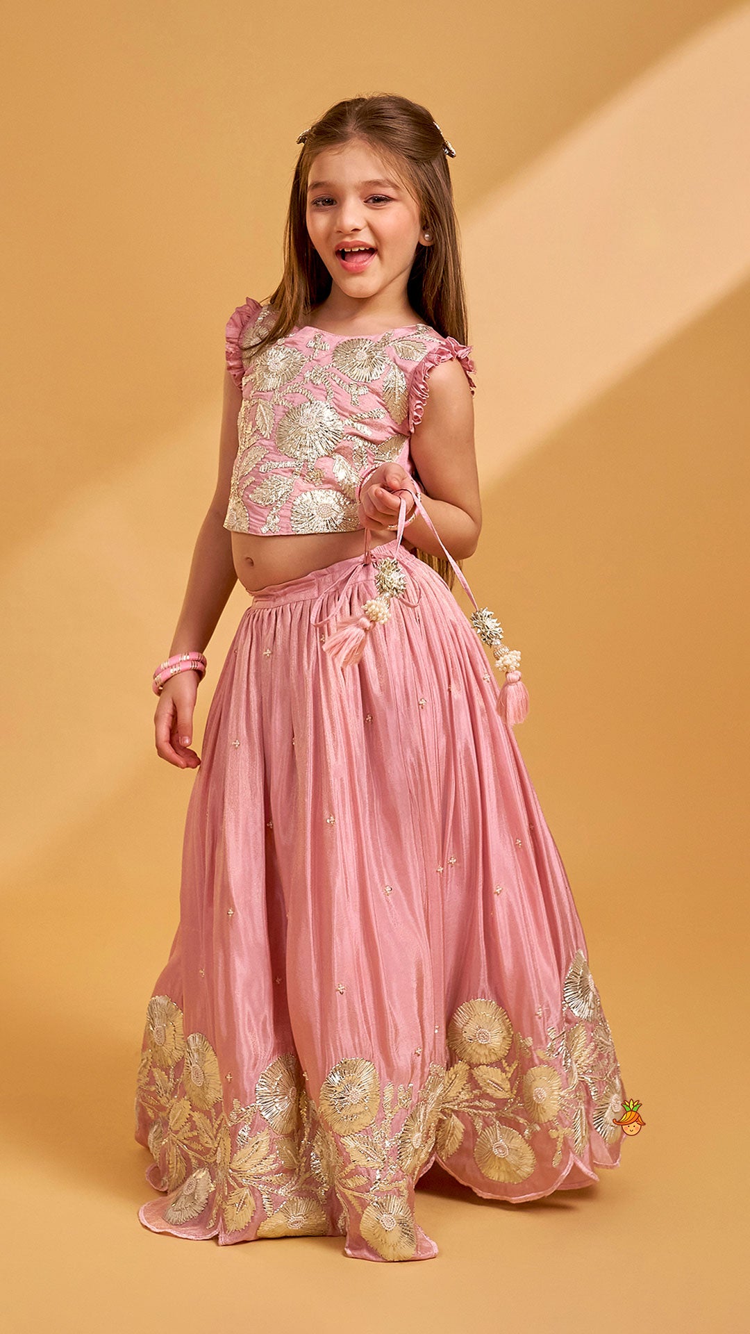 Pre Order: Shimmery Pink Hand Embroidered Gota Laced Top With Flared Shimmery Lehenga