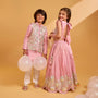Shimmery Pink Hand Embroidered Gota Laced Top With Flared Shimmery Lehenga twinning model image 4