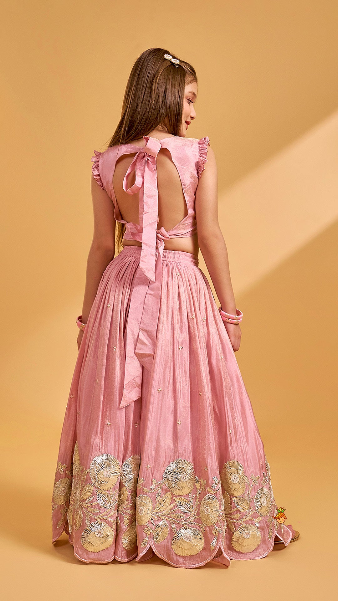 Pre Order: Shimmery Pink Hand Embroidered Gota Laced Top With Flared Shimmery Lehenga