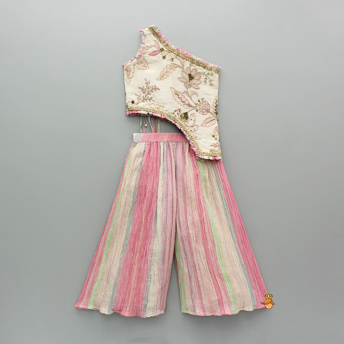 Pre Order: Beige Embroidered Top With Crush Tissue Palazzo