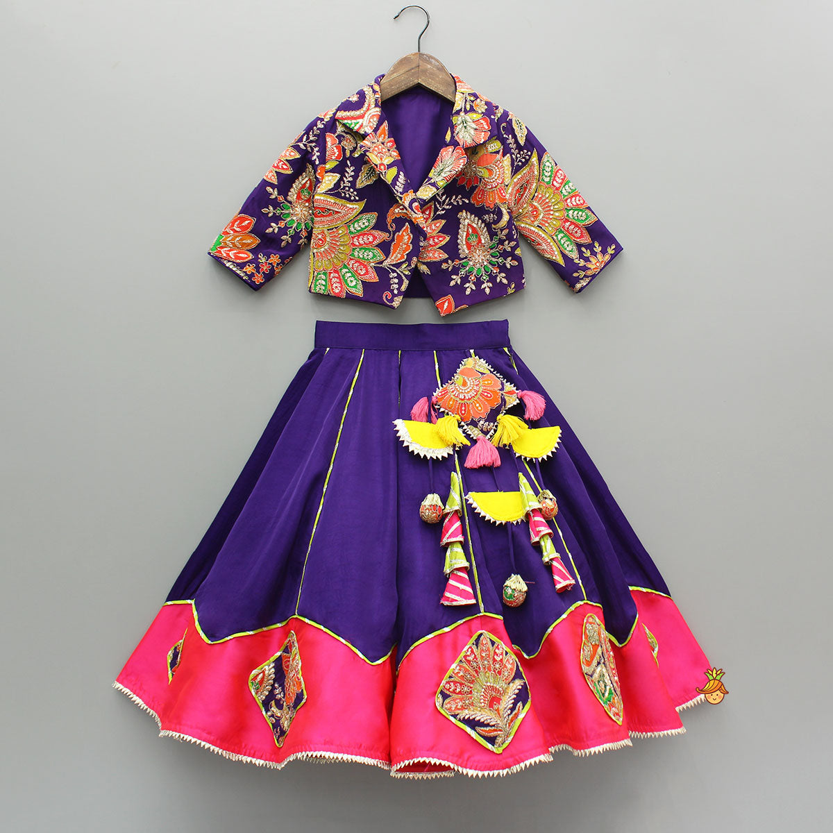 Pre Order: Heavy Embroidered Collar Neck Purple Top And Lehenga