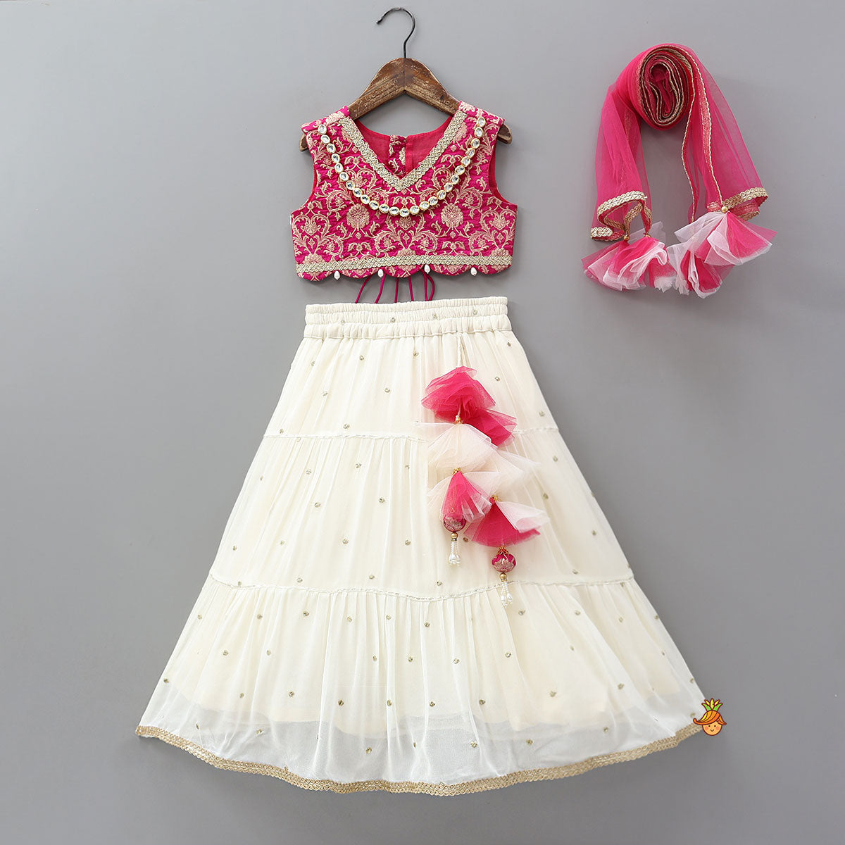 Pre Order: Pink Brocade Top With Off White Lehenga And Dupatta