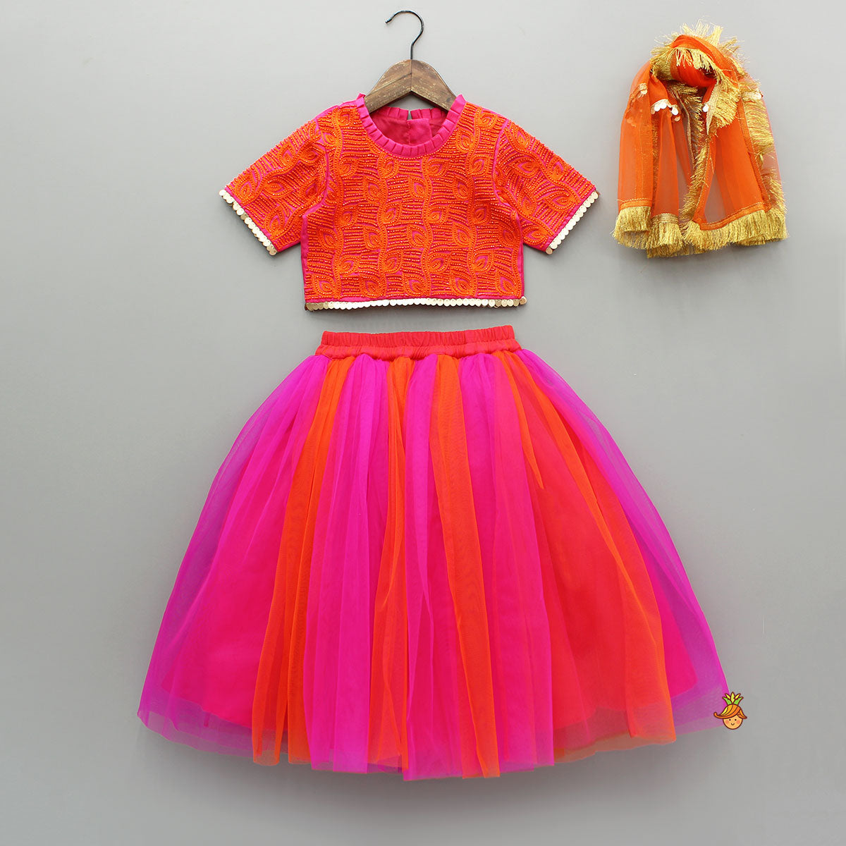 Pre Order: Orange Hand Embroidered Pink Top With Lehenga And Dupatta
