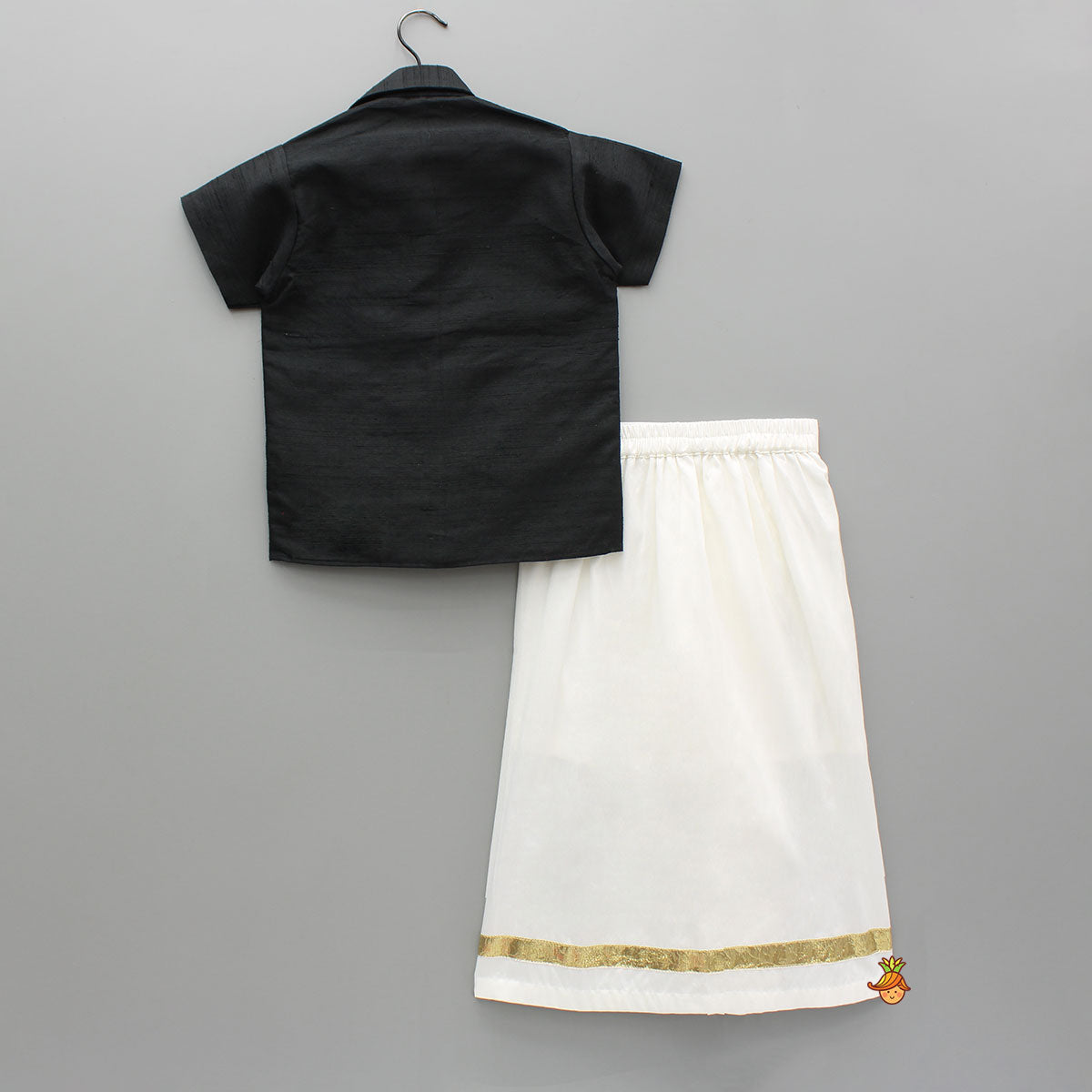 Pre Order: Elephant Embroidered Black Mundu Shirt With Lungi And Angavastram (Shawl) Set