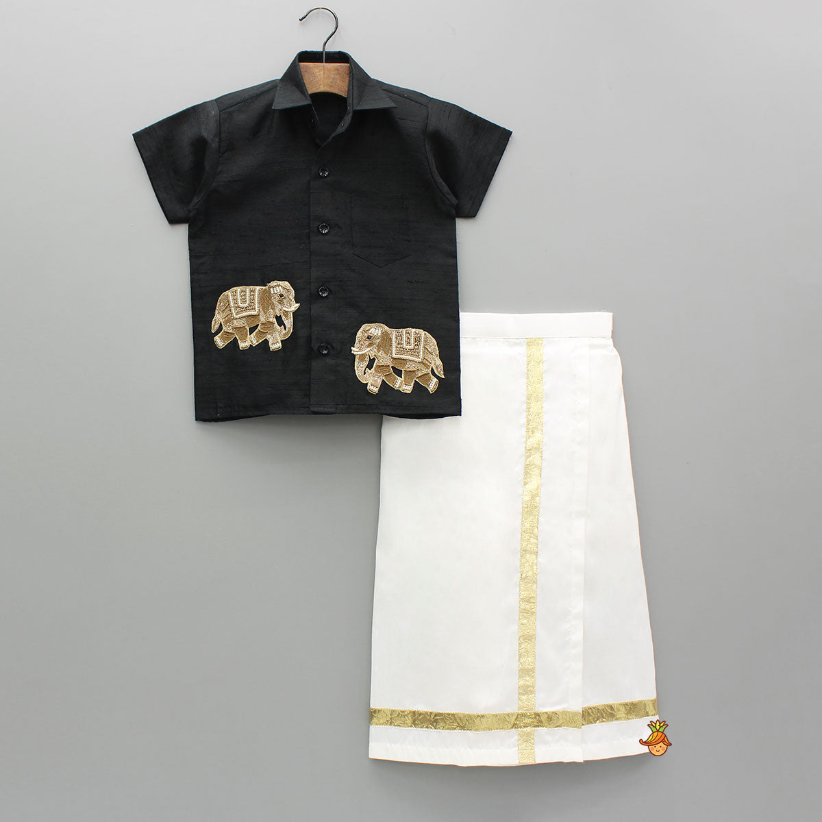 Pre Order: Elephant Embroidered Black Mundu Shirt With Lungi And Angavastram (Shawl) Set