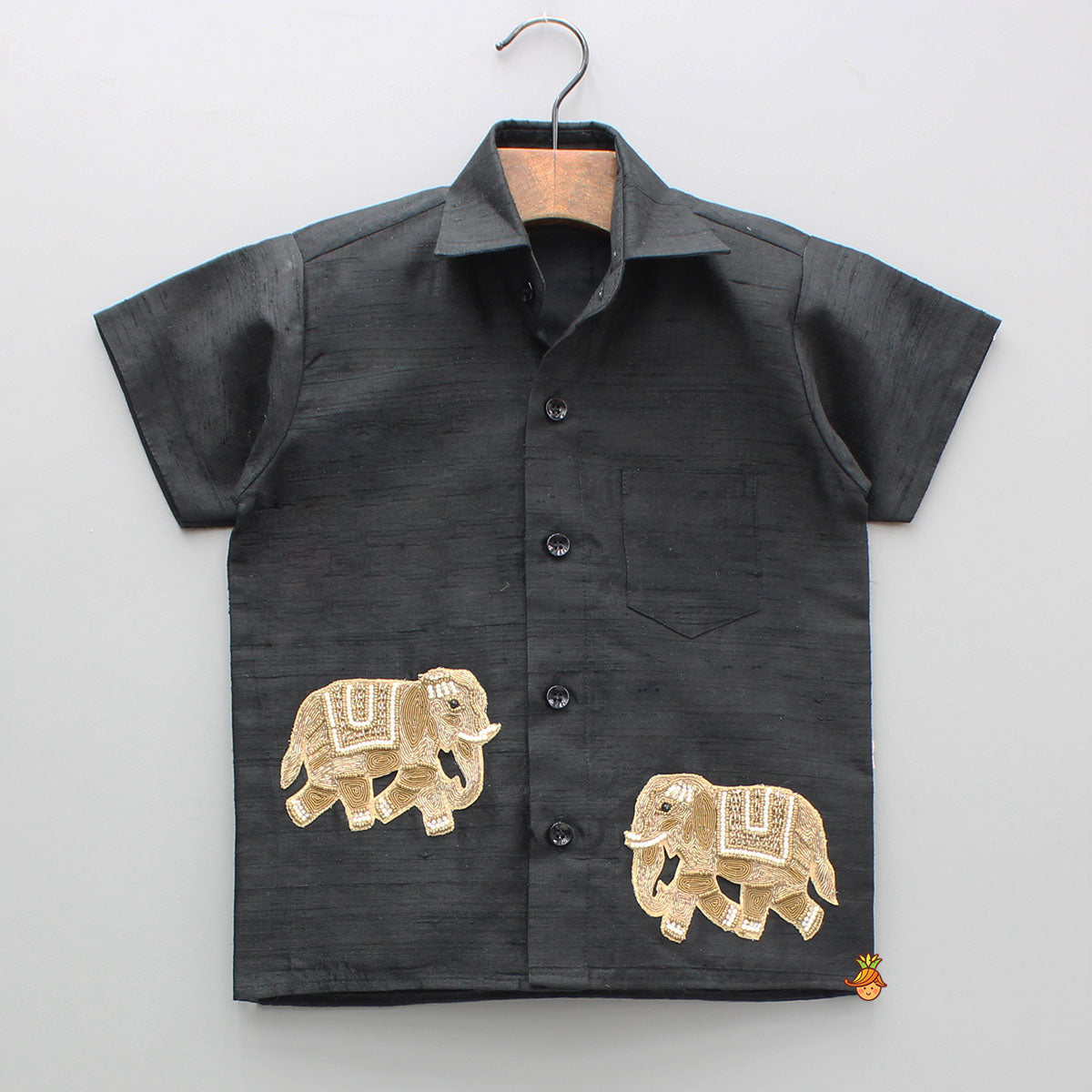 Pre Order: Elephant Embroidered Black Mundu Shirt With Lungi And Angavastram (Shawl) Set