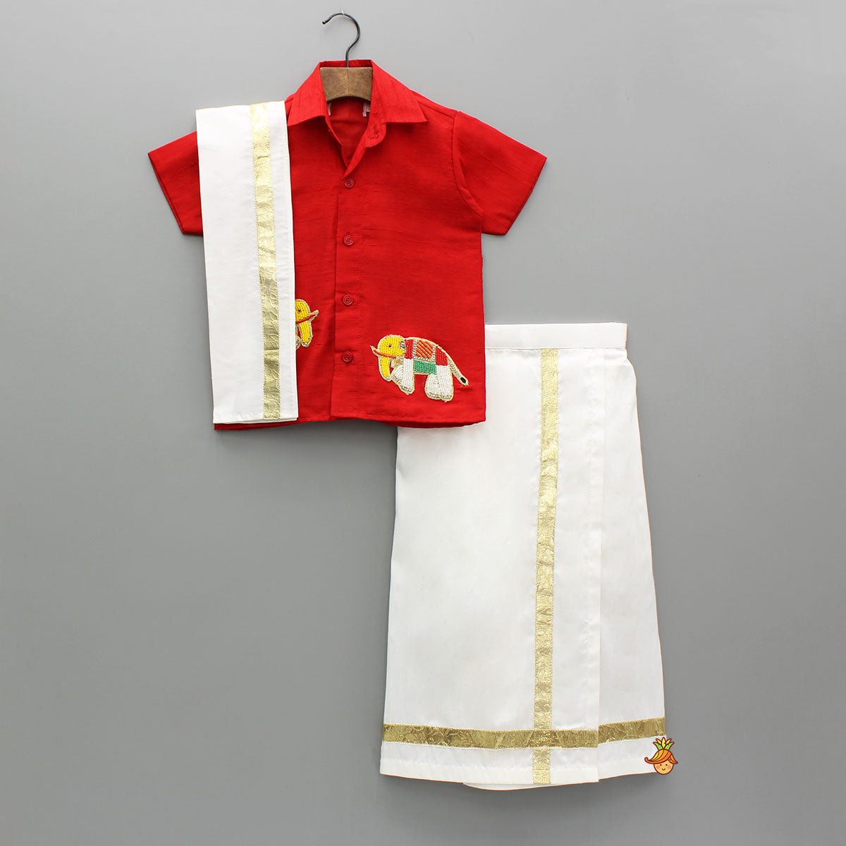 Pre Order: Multicolor Elephant Embroidered Red Mundu Shirt With Lungi And Angavastram (Shawl) Set