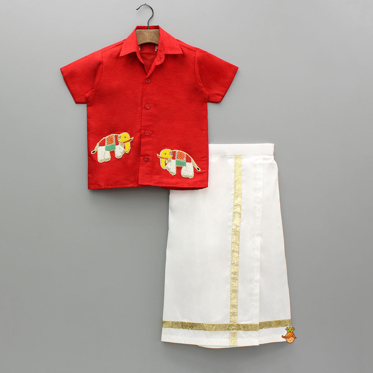 Pre Order: Multicolor Elephant Embroidered Red Mundu Shirt With Lungi And Angavastram (Shawl) Set