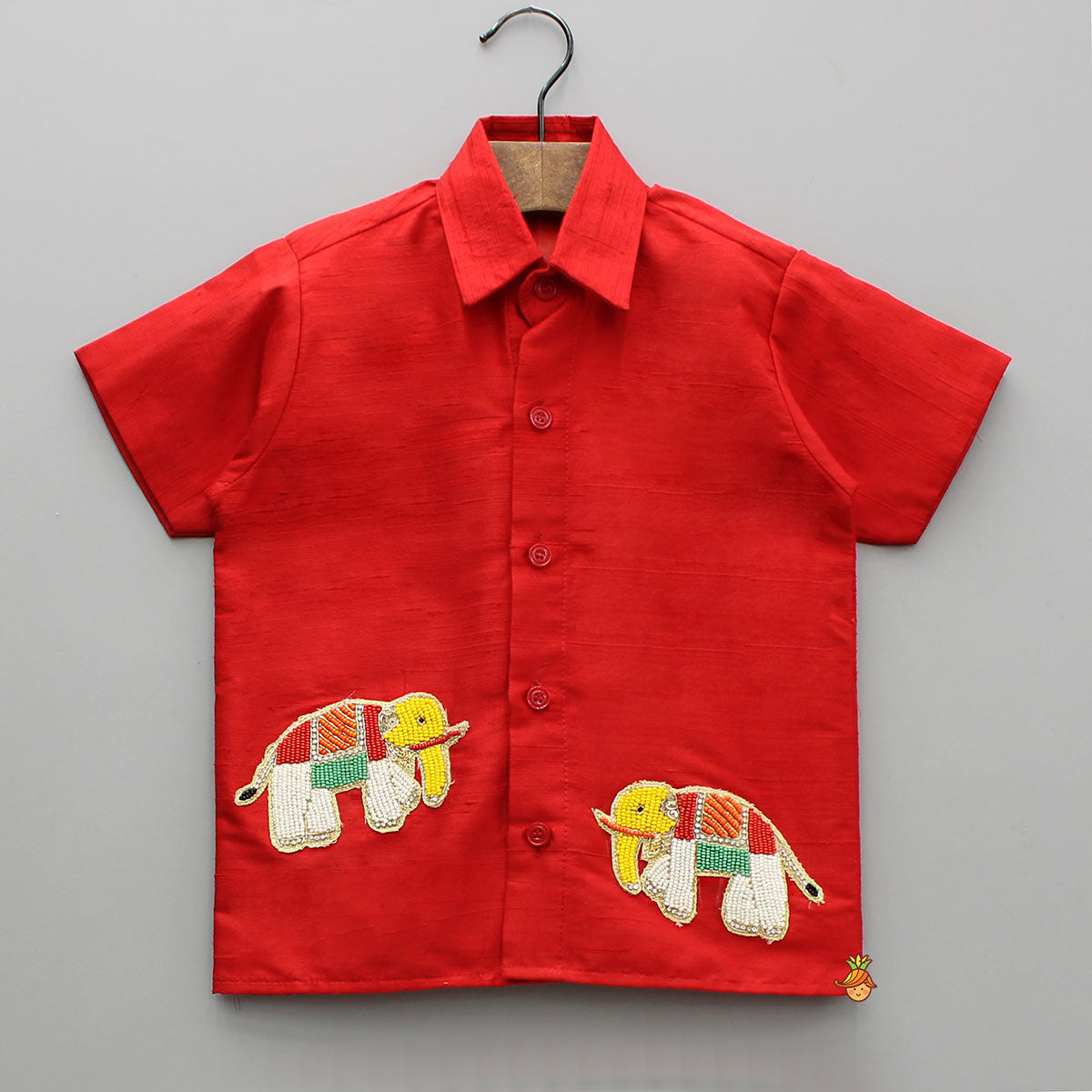 Pre Order: Multicolor Elephant Embroidered Red Mundu Shirt With Lungi And Angavastram (Shawl) Set