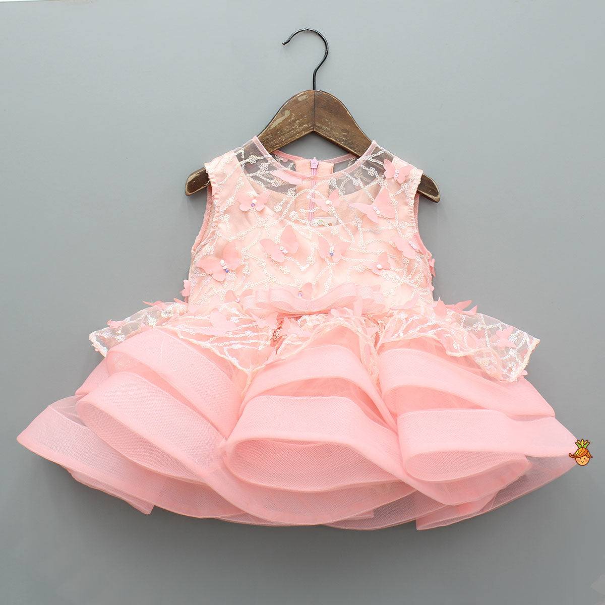 Pre Order: Butterfly Adorned Sequin Peach Net Ruffle Dress