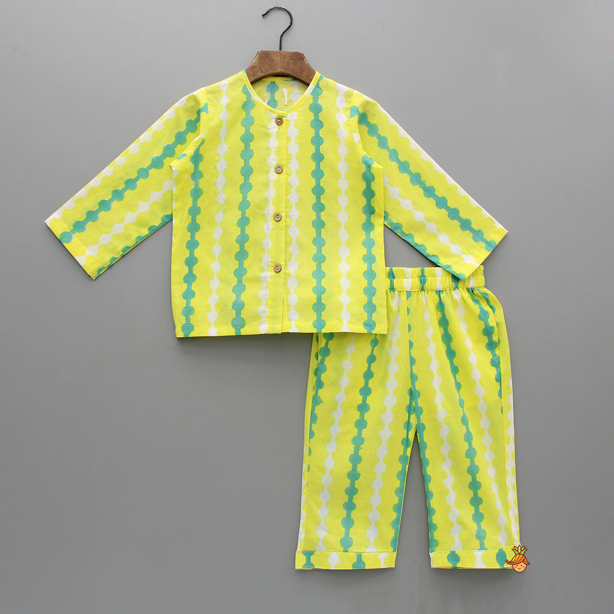 Pre Order: Yellow And Green Cotton Printed Sleepwear Set