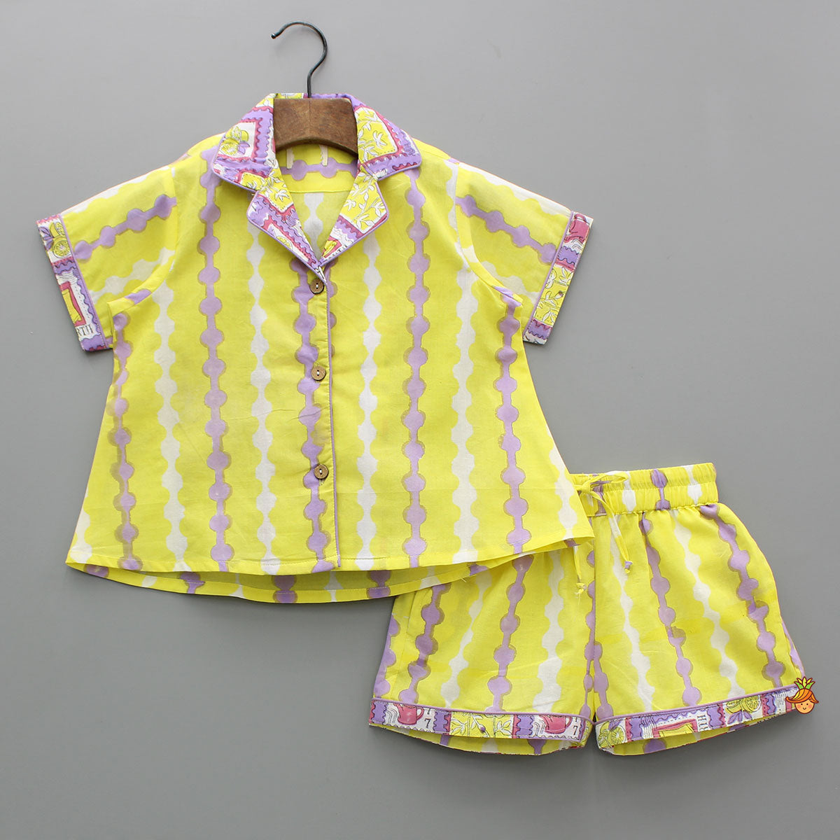 Pre Order: Yellow And Purple Printed Sleepwear