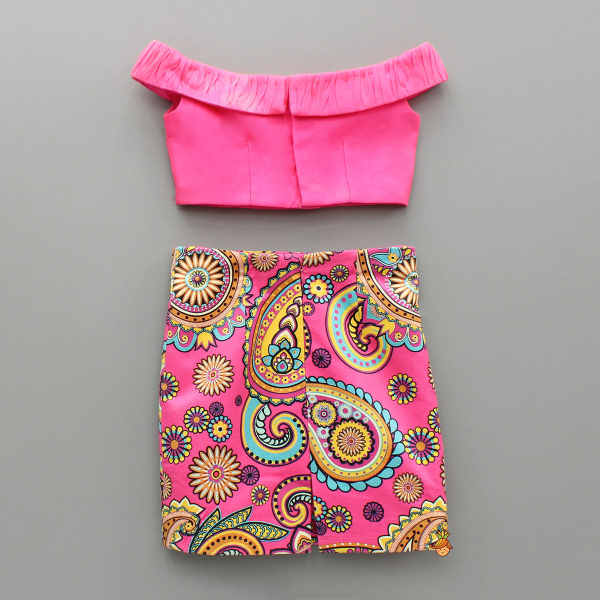 Pre Order: Off Shoulder Pink Organza Top With Multicolour Printed Skirt