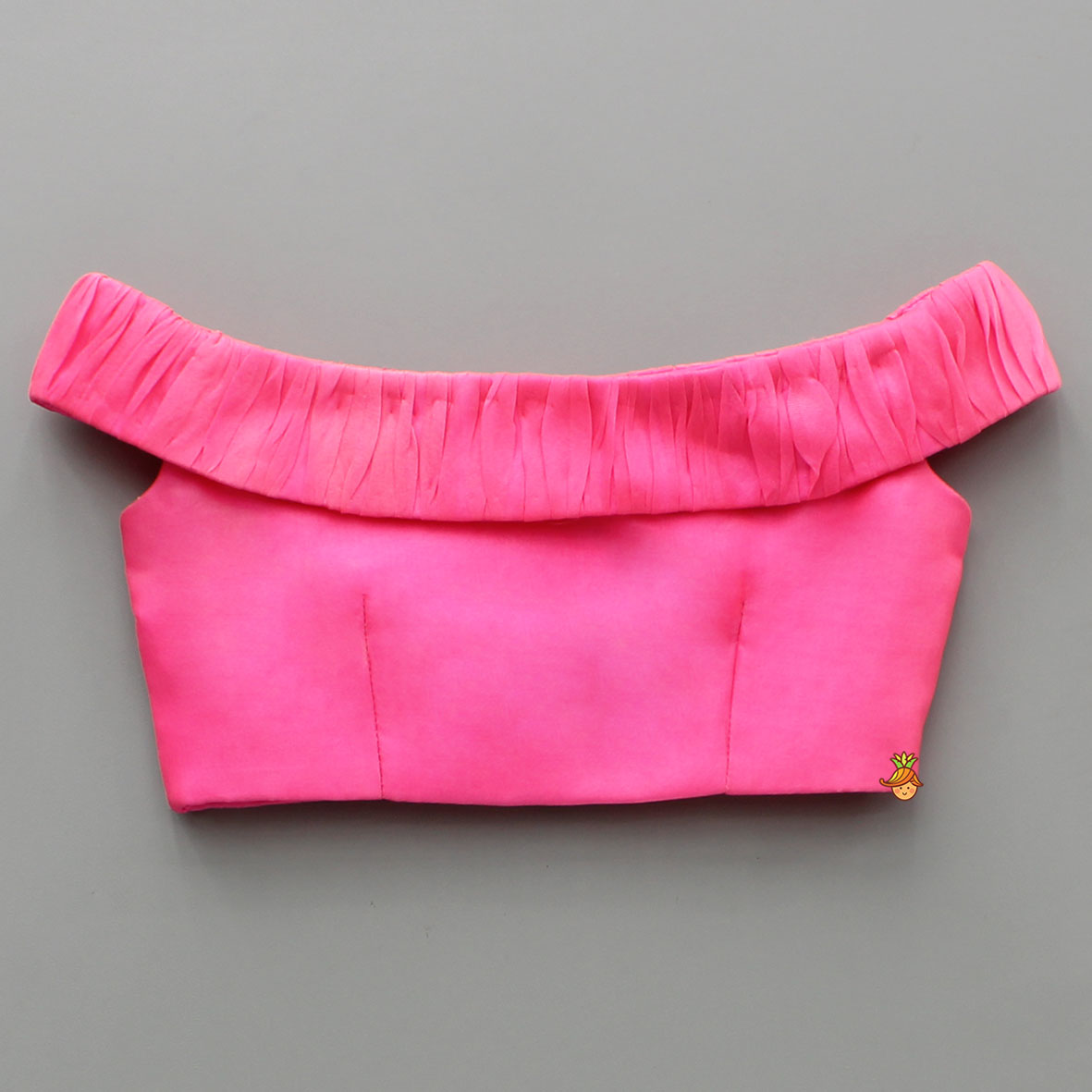 Pre Order: Off Shoulder Pink Organza Top With Multicolour Printed Skirt