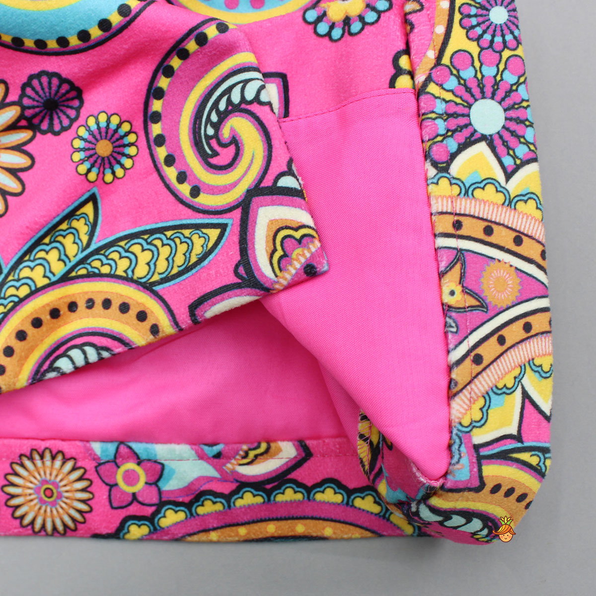 Pre Order: Off Shoulder Pink Organza Top With Multicolour Printed Skirt
