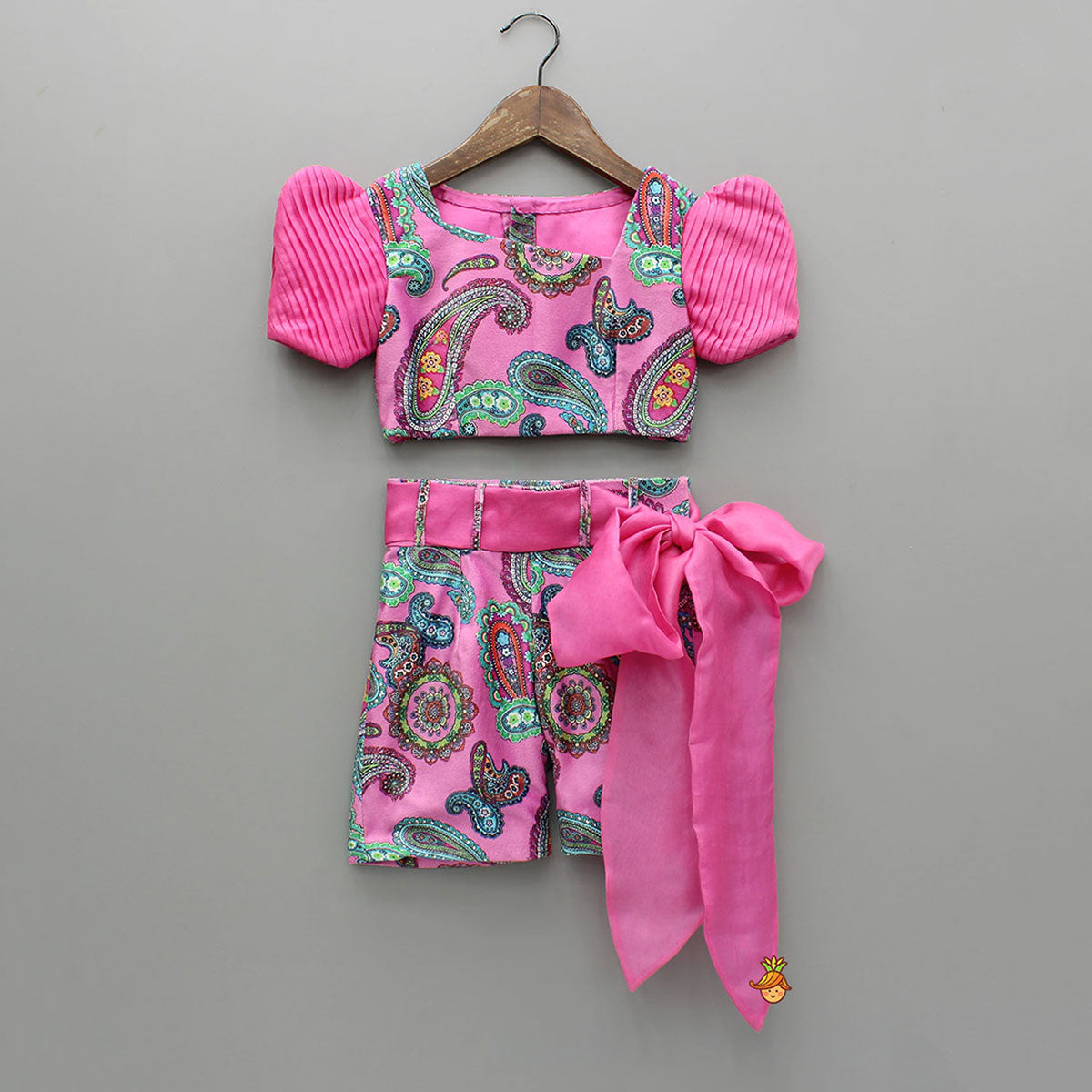 Pre Order: Pink Printed Velvet Top And Shorts With Ribbon Bow Belt